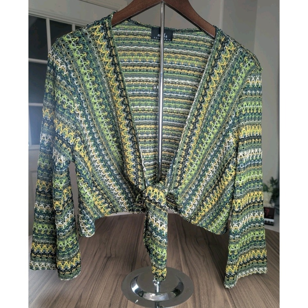 MDS California Tie Front Crochet Knit Cardigan Shrug Green Multicolor One Size